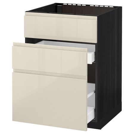 Напольный шкаф под мойку + 3 фронтальных панели/2ящ, черный, Воксторп глянцевый светло-бежевый 60x60 см IKEA МЕТОД 592.370.29