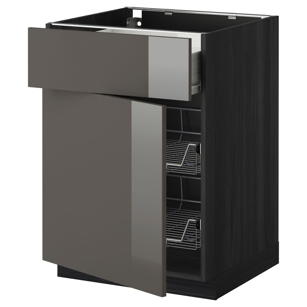 Напольный шкаф с проволочной корзиной, ящиком, дверью МЕТОД / ФОРВАРА, черный, Рингульт серый - схема-чертеж с размерами