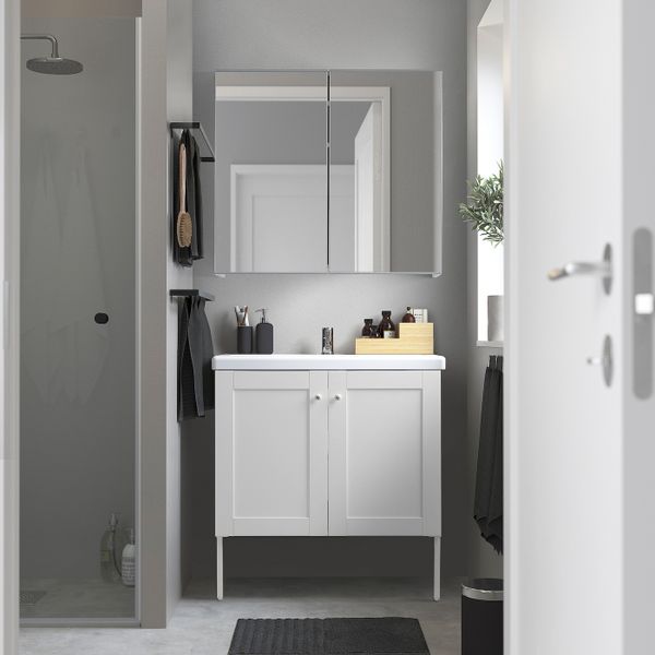 Комплект мебели для ванной,7 предм., Йельсен белый/ПИЛКОН смеситель 84x43x88 см IKEA FISKÅN ФИСКОН / TVÄLLEN ТВЭЛЛЕН 794.360.61 - схема-чертеж с размерами