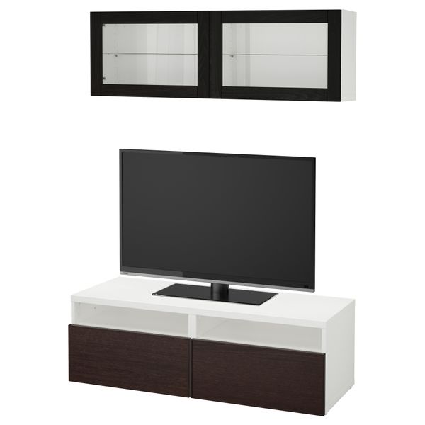 Шкаф для ТВ, комбинированный, стекляные дверцы БЕСТО, белый, Инвикен черно-коричневый прозрачное стекло (120x20/40x166 см) - фото 1