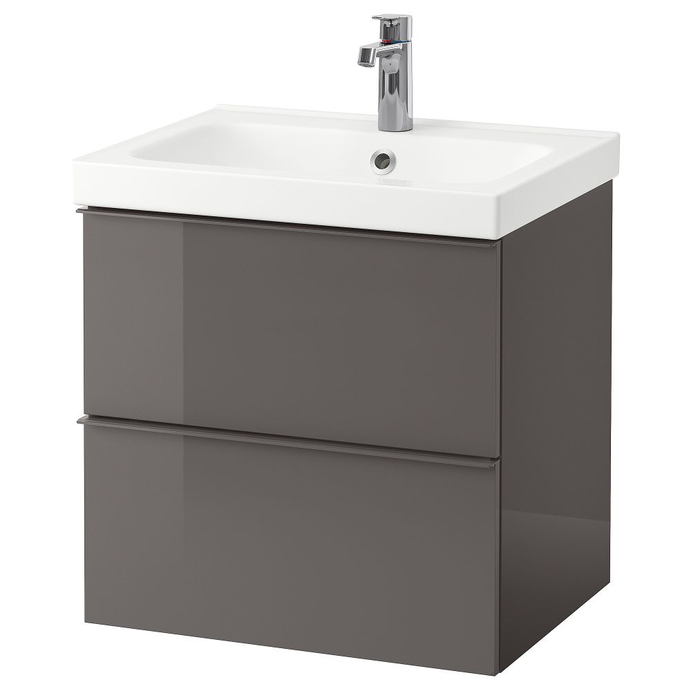 Шкаф для раковины с 2 ящиками, 63x49x64 см, глянцевый серый IKEA GODMORGON ГОДМОРГОН 498.843.58 - фото 1