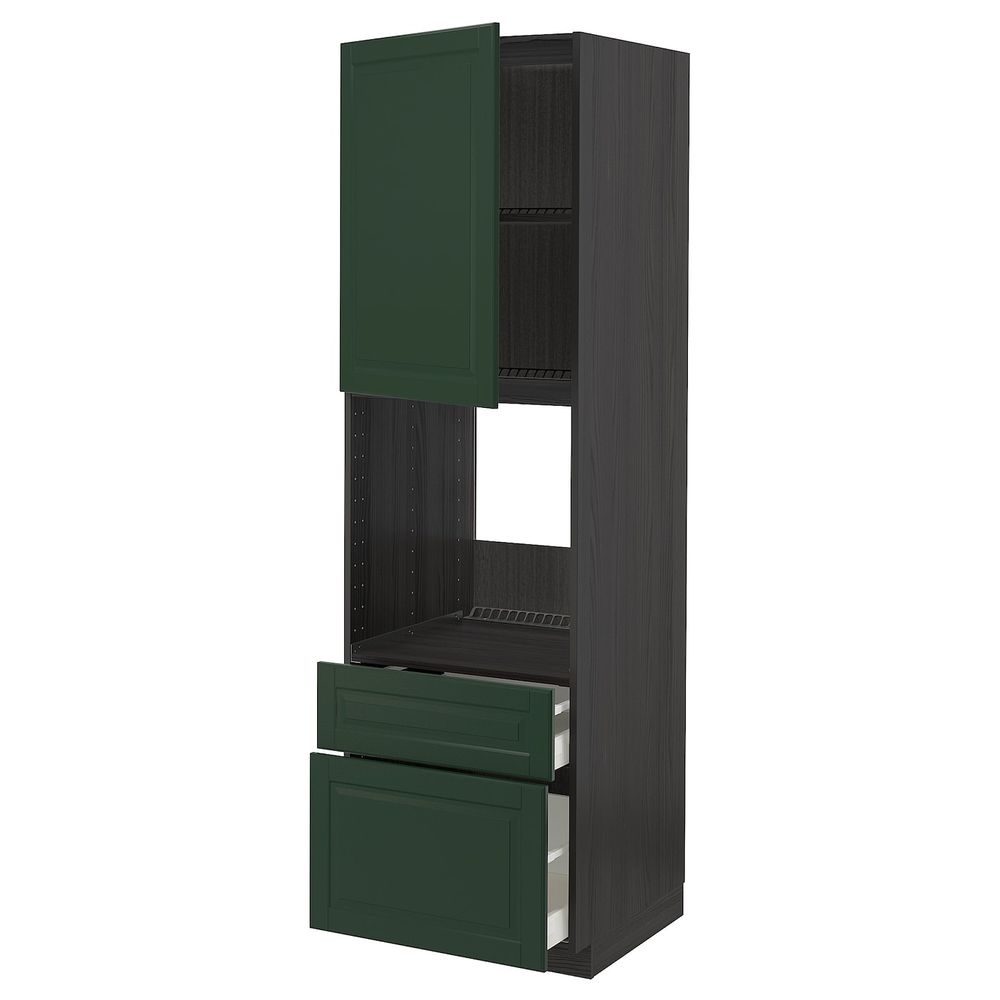 Высокий шкаф для духовки + дверца, 2 фронтальные панели, 1 средняя, 1 встроенный ящ, черный/Будбин темно-зеленый 60x60x200 см - схема-чертеж с размерами