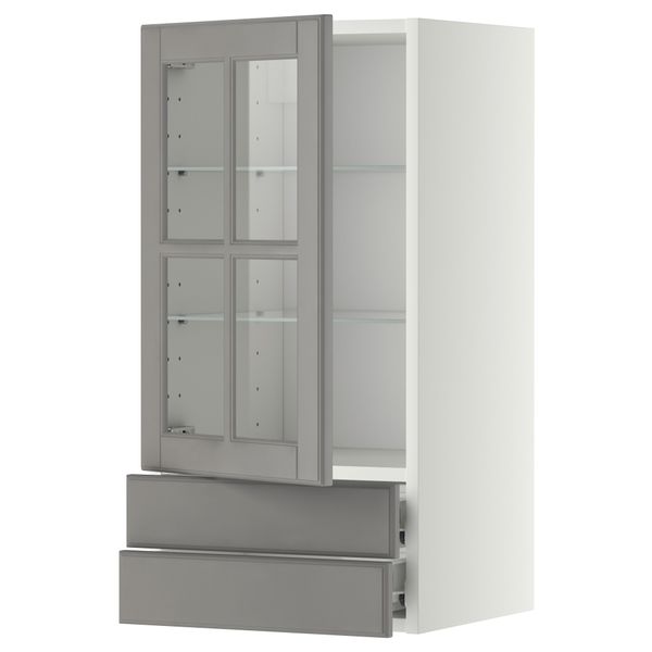 Навесной шкаф, стеклянная дверца, 2 ящика МЕТОД / ФОРВАРА, белый, Будбин серый - фото 1