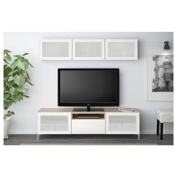 Шкаф для ТВ, комбинированный, стекляные дверцы БЕСТО, под беленый дуб, Сельсвикен глянцевый/белый матовое стекло (180x20/40x166 - фото 2