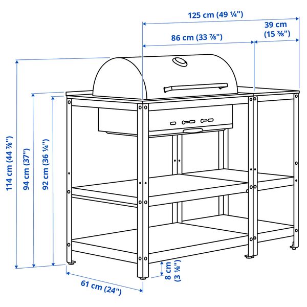 Угольный гриль с кухонным островком, нержавеющая сталь, для сада, 125x61 см IKEA GRILLSKÄR ГРИЛЛЬСКЭР 994.952.38 - схема-чертеж с размерами
