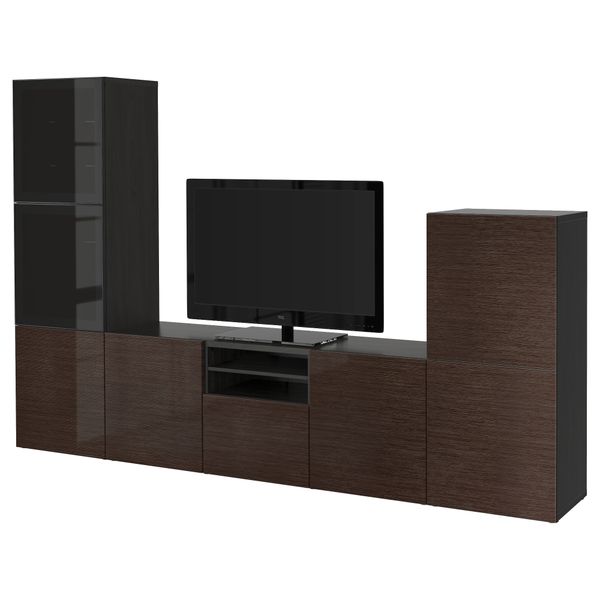 Шкаф для ТВ, комбинированный, стекляные дверцы БЕСТО, черно-коричневый, Сельсвикен глянцевый/коричневый дымчат стекло - фото 1