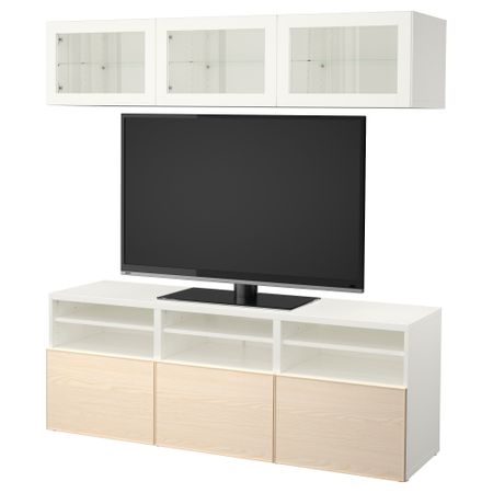 Шкаф для ТВ, комбинированный, стекляные дверцы БЕСТО, белый Инвикен, ясеневый шпон прозрачное стекло (180x40x192 см)