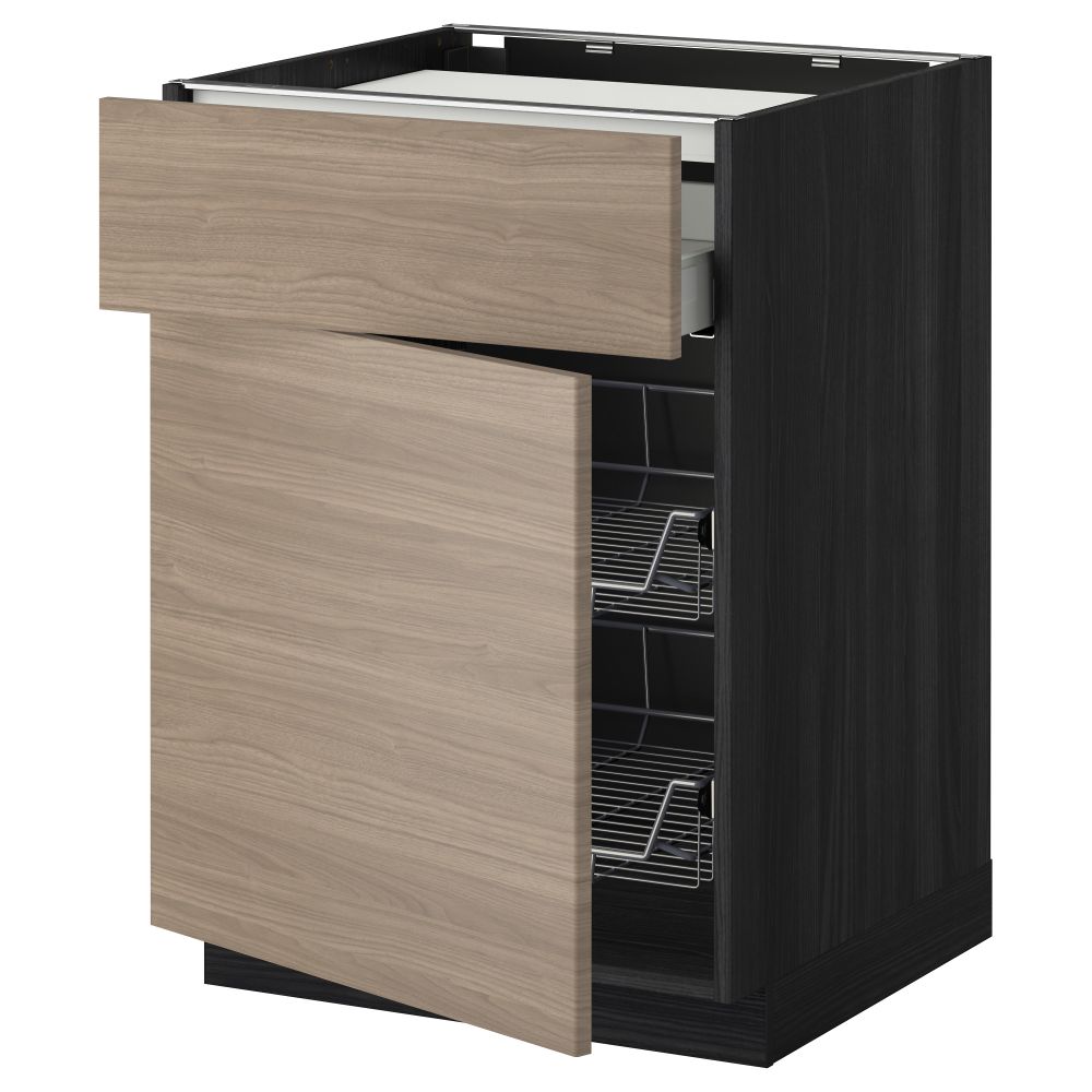 Напольный шкаф для варочной панели, ящик, 2 проволочных корзины МЕТОД / МАКСИМЕРА, черный, Брокхульт светло-серый (60x60 см) - фото 1