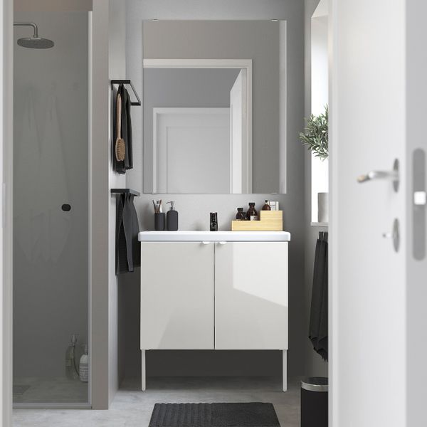 Комплект мебели для ванной,7 предм., глянцевый белый/Сальен смеситель 84x43x88 см IKEA FISKÅN ФИСКОН / TVÄLLEN ТВЭЛЛЕН - схема-чертеж с размерами