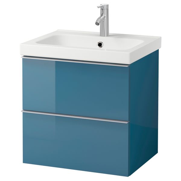 Шкаф для раковины с 2 ящиками ГОДМОРГОН / ОДЕНСВИК, глянцевый бирюзовый (60x49x64 см) - фото 1