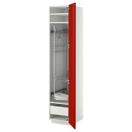 Высокий шкаф с отделением для аксессуаров, для уборки МЕТОД / МАКСИМЕРА, белый, Рингульт красный (40x60x200 см)