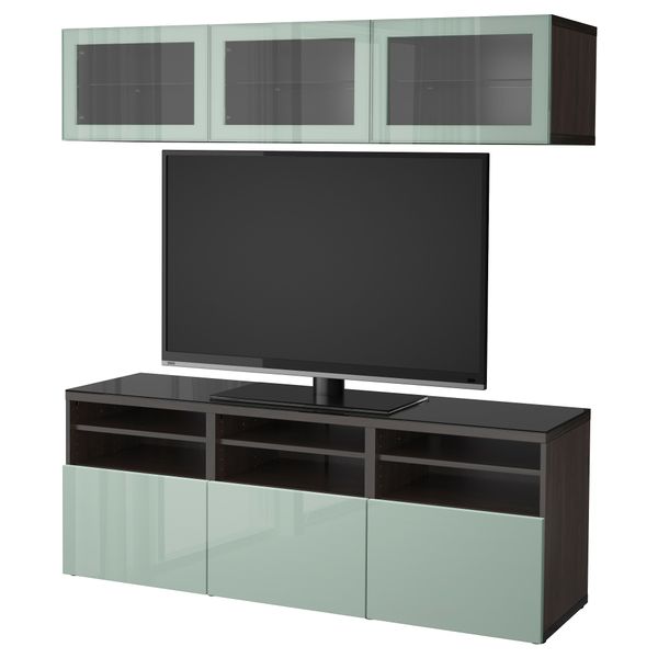Шкаф для ТВ, комбинированный, стекляные дверцы БЕСТО, черно-коричневый Сельсвикен, глянцевый/серо-зеленый светлый прозрачное - фото 1