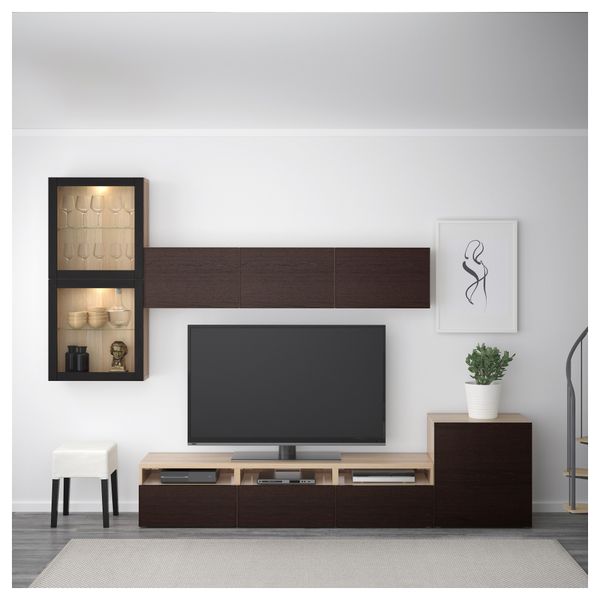 Шкаф для ТВ, комбинированный, стекляные дверцы БЕСТО, под беленый дуб Синдвик, Инвикен черно-коричневый прозрачное стекло - фото 2