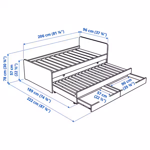 SLÄKT Каркас кровати с выдвижной кроватью - белый 90x200 см - схема-чертеж с размерами