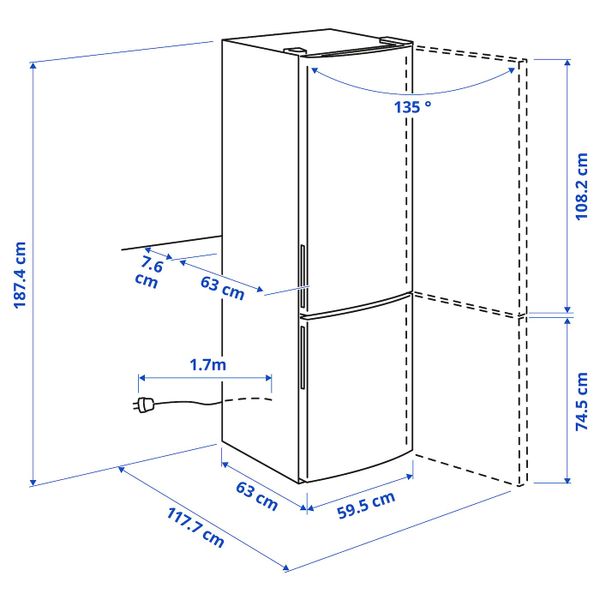 Холодильник морозильник, ИКЕА 500 отдельно стоящий/нержавеющая сталь 219/76 л IKEA MEDGÅNG МЕДГОНГ 604.948.38 - схема-чертеж с размерами