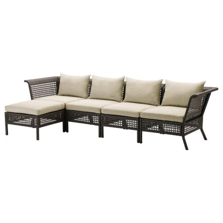 4-местный диван + табурет для ног, садовый КУНГСХОЛЬМЕН / ХОЛЛО, черно-коричневый, бежевый (142/284x80x73 см)