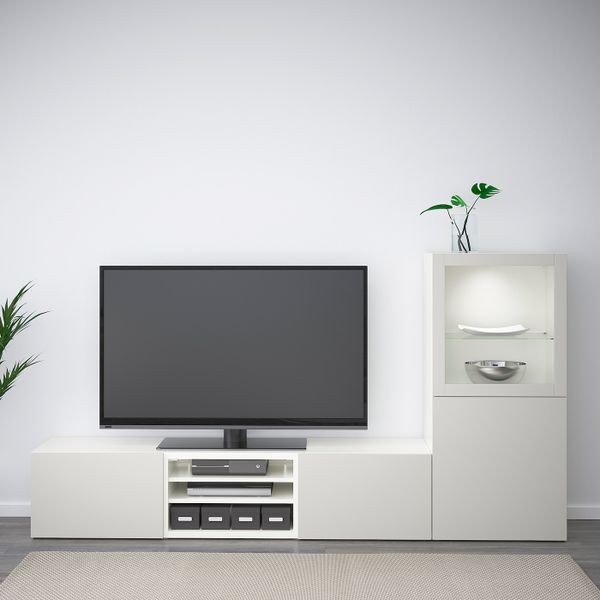 Шкаф для ТВ, комбинированный, стекляные дверцы, белый, Лаппвикен светло-серый прозрачное стекло, 240x40x128 см IKEA БЕСТО - фото 3