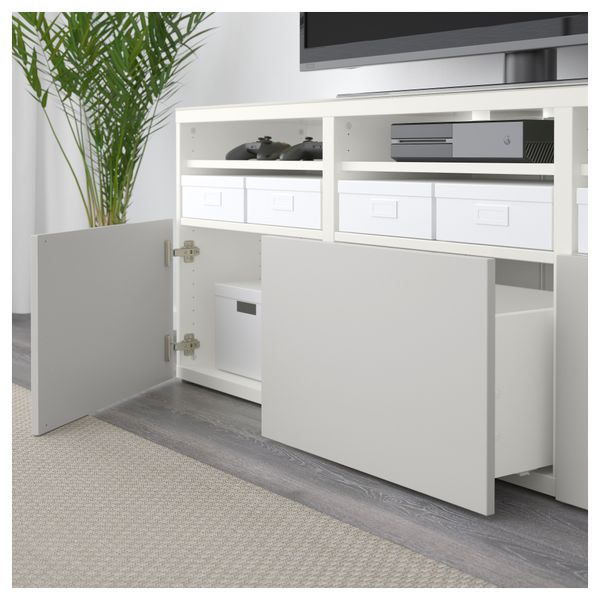 Шкаф для ТВ, комбинированный, стекляные дверцы БЕСТО, белый Лаппвикен, Синдвик светло-серый прозрачное стекло (180x40x192 см) - фото 3