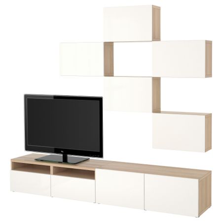 Шкаф для ТВ, комбинация БЕСТО, под беленый дуб, Сельсвикен глянцевый/белый (240x20/40x204 см)