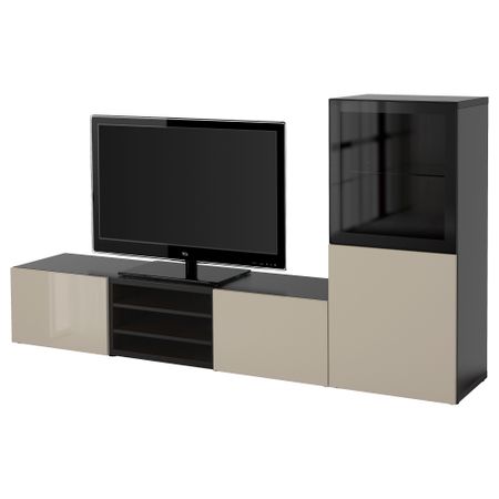 Шкаф для ТВ, комбинированный, стекляные дверцы БЕСТО, черно-коричневый, Сельсвикен глянцевый/бежевый прозрачное стекло
