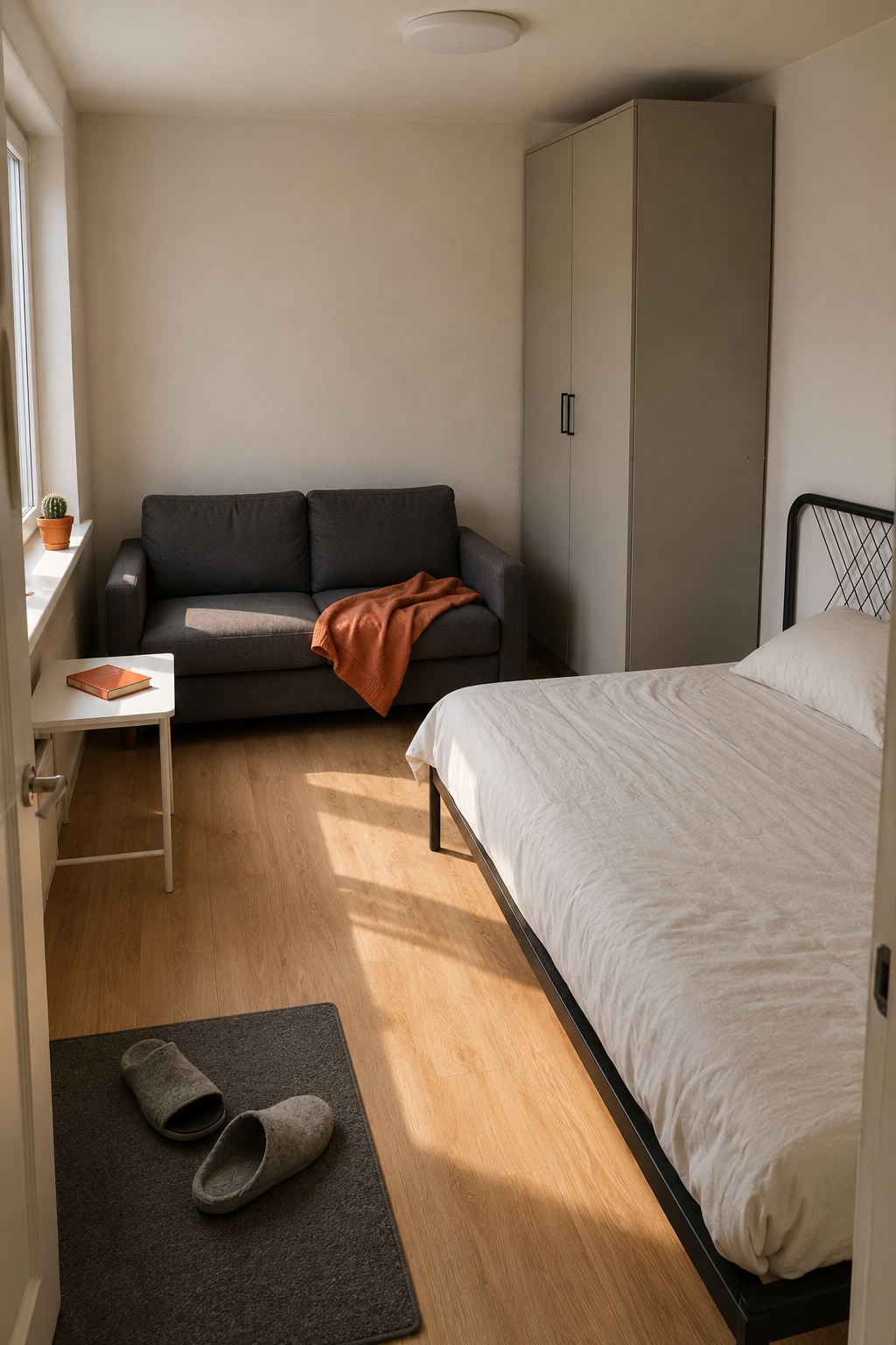 Бюджетная меблировка 38 м²: кровать NESTTUN, диван GLOSTAD и гардероб PAX в комнате 14 м²