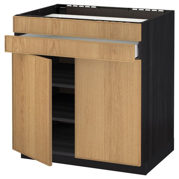 Напольный шкаф для варочной панели, 2 ящика, 2 фасада, 1 ящик МЕТОД / МАКСИМЕРА, черный, Экестад дуб (80x60 см) - схема-чертеж с размерами
