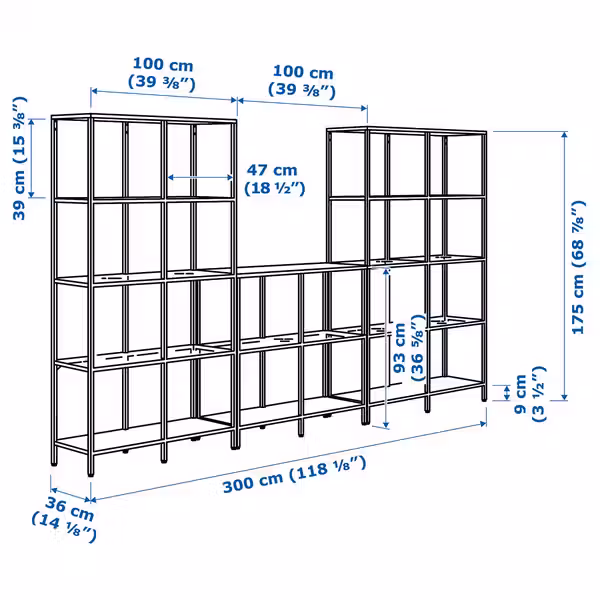 VITTSJÖ Комбинация д/хранения - черно-коричневый/стекло 300x36x175 см - схема-чертеж с размерами