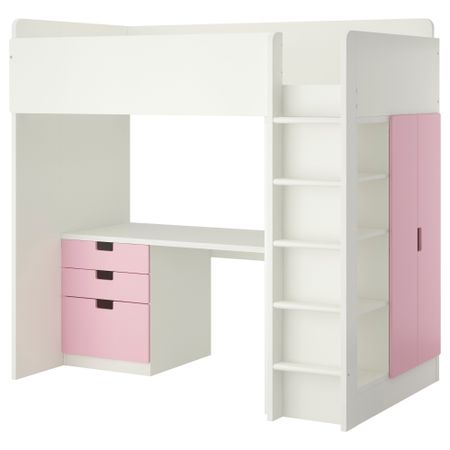 Кровать-чердак, 3 ящика, 2 дверцы СТУВА, белый, розовый (207x99x193 см)