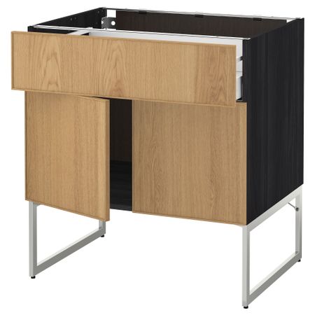 Напольный шкаф, полки, ящик, 2 двери МЕТОД / МАКСИМЕРА, черный, Экестад дуб