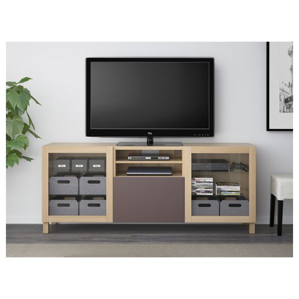 Тумба для ТВ с ящиками БЕСТО, под беленый дуб, Вальвикен темно-коричневый, прозрачное стекло (180x40x74 см) - схема-чертеж с размерами