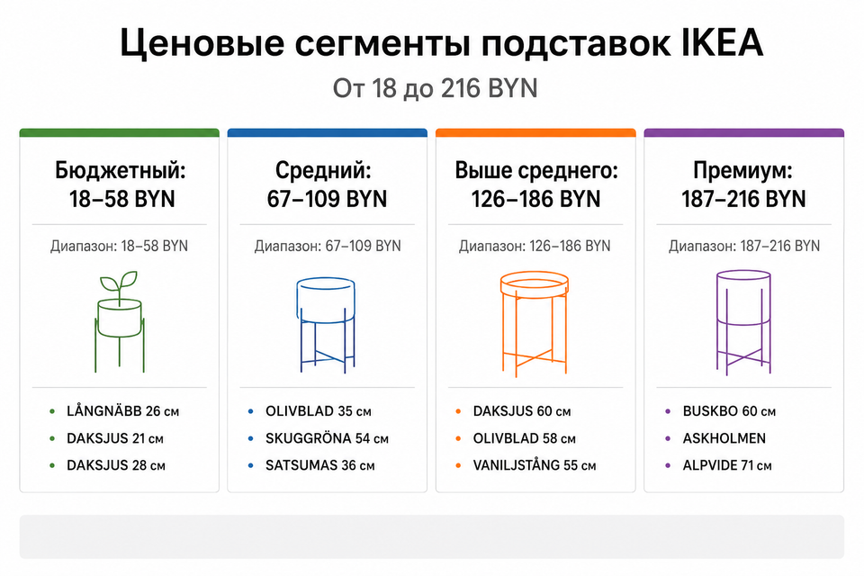 Инфографика ценовых сегментов подставок IKEA: от 18 до 216 BYN