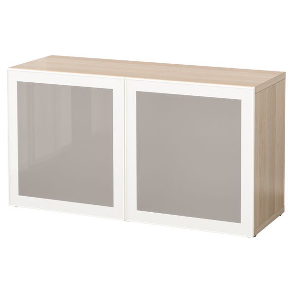 Стеллаж со стеклянная дверьми БЕСТО, под беленый дуб, Глассвик белый/матовое стекло (120x40x64 см) - схема-чертеж с размерами