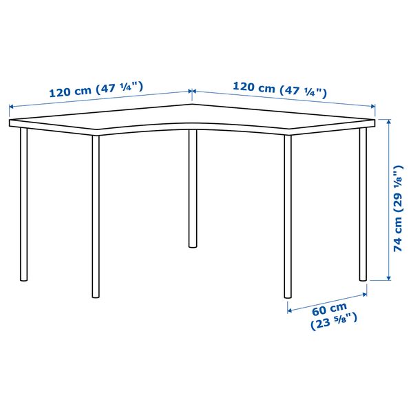 Угловой стол ЛИННМОН / АДИЛЬС, белый, синий (120x120 см) - схема-чертеж с размерами