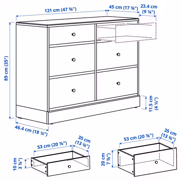 HAVSTA Комод с 6 ящиками - серо-бежевый 121x47x89 см - схема-чертеж с размерами