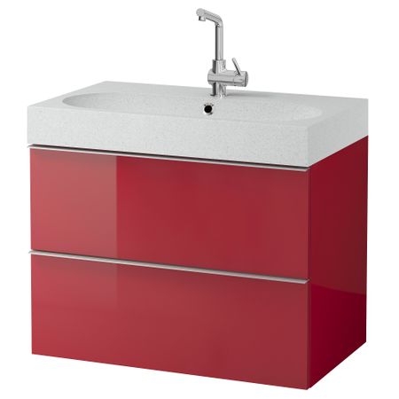 Шкаф для раковины с 2 ящиками ГОДМОРГОН / БРОВИКЕН, глянцевый красный, светло-серый (80x49x68 см)