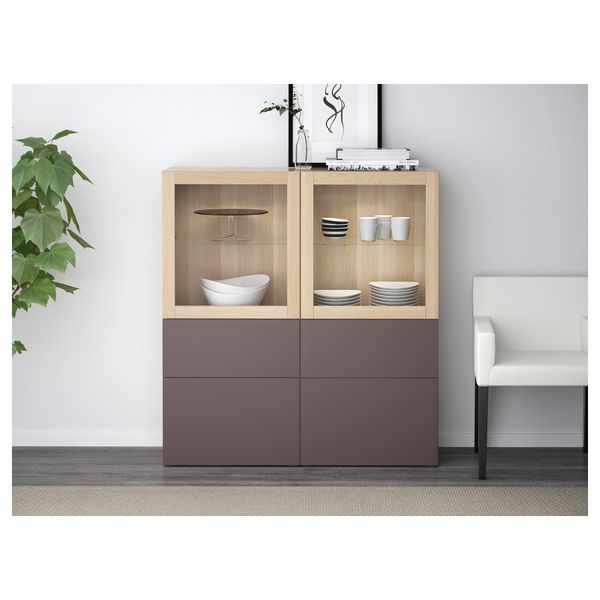 Комбинация для хранения со стеклянными дверцами БЕСТО, под беленый дуб, Вальвикен темно-коричневый (120x40x128 см) - фото 2