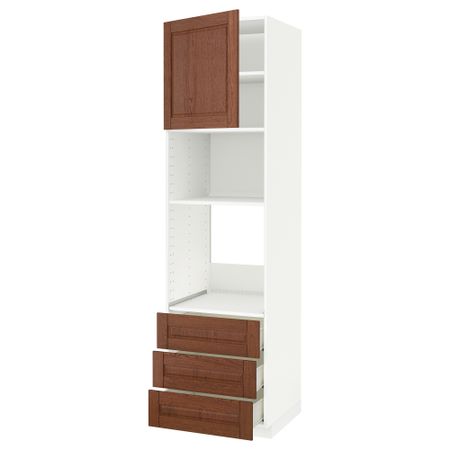 Высокий шкаф для духовки/СВЧ дверца, 3 ящика МЕТОД / ФОРВАРА, белый, Филипстад коричневый