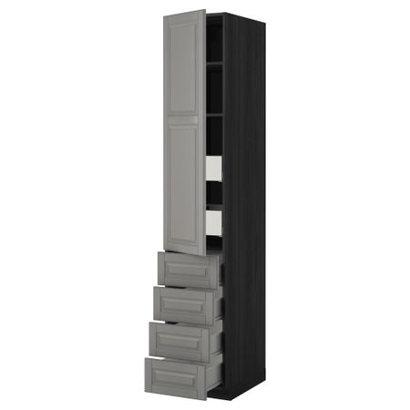 Высокий шкаф с полками/6 ящик, дверцами, 4 фронтальные панели МЕТОД / ФОРВАРА, черный, Будбин серый