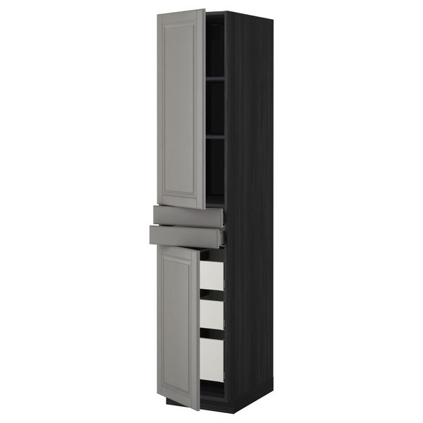 Высокий шкаф + полки, 5 ящиков, 2 дверцы, 2 фронтальных МЕТОД / МАКСИМЕРА, черный, Будбин серый - фото 1