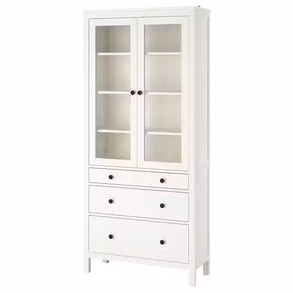 HEMNES Шкаф-витрина с 3 ящиками - белая морилка 90x197 см - фото 1
