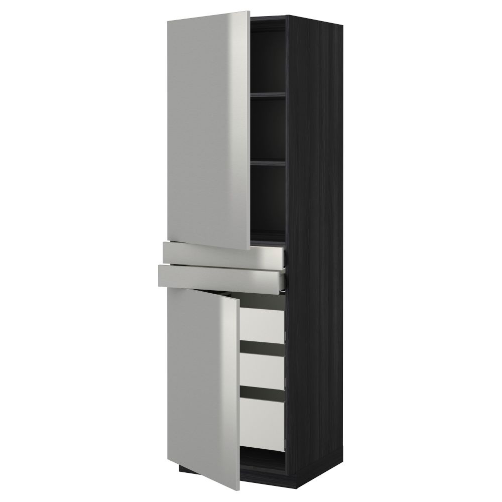 Высокий шкаф + полки, 5 ящиков, 2 дверцы, 2 фронтальных МЕТОД / МАКСИМЕРА, черный, Гревста нержавеющ сталь - фото 1