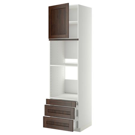 Высокий шкаф для духовки комбинированный, духовка + дверца, 3 ящика МЕТОД / ФОРВАРА, белый, Эдсерум коричневый