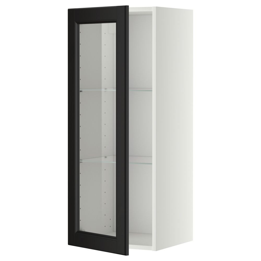 Навесной шкаф с полками, стекляными дверцы МЕТОД, белый, Лаксарби черно-коричневый - схема-чертеж с размерами