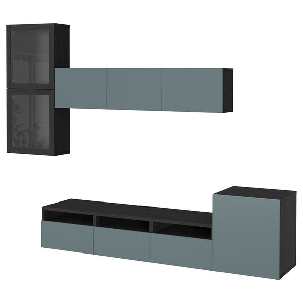 Шкаф для ТВ, комбинированный, стекляные дверцы БЕСТО, черно-коричневый, Вальвикен серо-бирюзовый, прозрачное стекло - фото 1