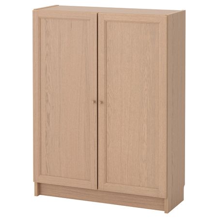 Стеллаж с дверьми, дубовый шпон, беленый 80x30x106 см IKEA BILLY БИЛЛИ / OXBERG ОКСБЕРГ 292.810.52