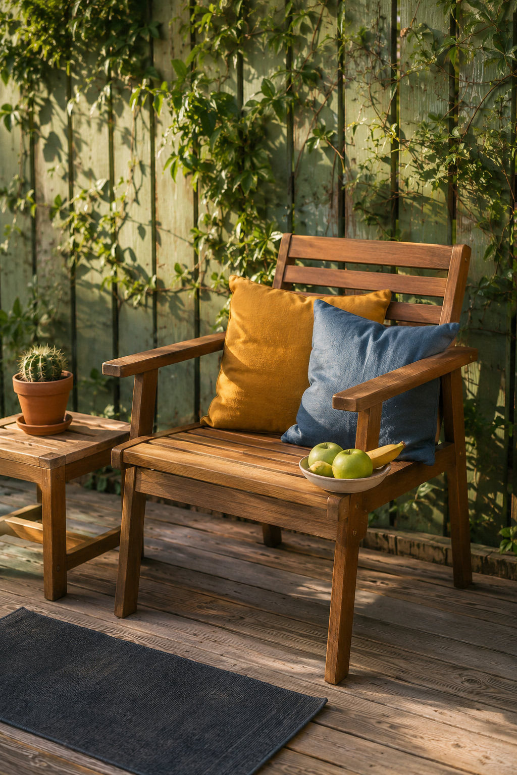 Садовое кресло IKEA NÄMMARÖ из акации со светло-коричневой морилкой на летней террасе