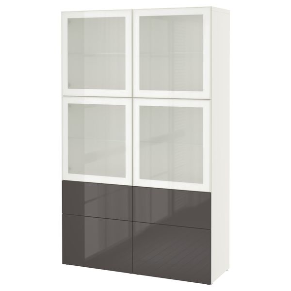Комбинация для хранения со стеклянными дверцами БЕСТО, белый, Сельсвикен глянцевый/серый матовое стекло (120x40x192 см) - фото 1