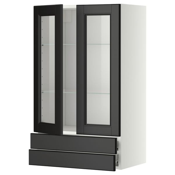 Навесной шкаф, 2 стеклянные дверцы, 2 ящика МЕТОД / ФОРВАРА, белый, Лаксарби черно-коричневый черно-коричневый - фото 1