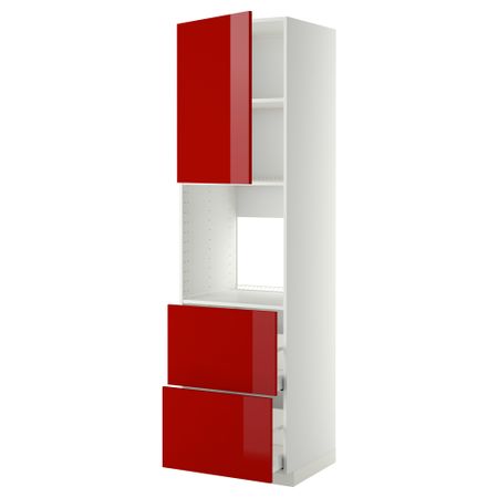 Высокий шкаф для духовки + дверца, 2 форнтальных, 2 высоких ящик МЕТОД / МАКСИМЕРА, белый, Рингульт красный