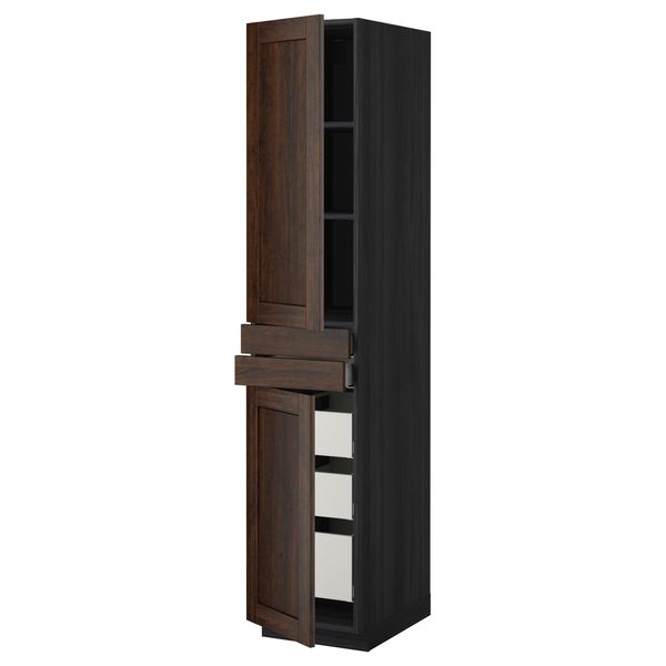 Высокий шкаф + полки, 5 ящиков, 2 дверцы, 2 фронтальных МЕТОД / МАКСИМЕРА, черный, Эдсерум коричневый - фото 1